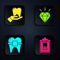 Set Clipboard with dental card, Tooth, Teeth with braces and Diamond teeth. Black square button. Vector Royalty Free Stock Photo