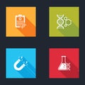 Set Clipboard with DNA analysis, Genetic engineering, Magnet lightning and research, search icon. Vector