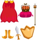 Set of cloak, crown, sword, chield and scepter Royalty Free Stock Photo