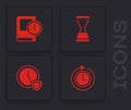 Set Clock with arrow, Time for book, Old hourglass sand and shield icon. Vector Royalty Free Stock Photo