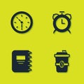 Set Clock, Coffee cup to go, Notebook and Alarm clock icon. Vector