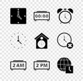 Set Clock, Digital alarm clock, Alarm, World time, and Retro wall watch icon. Vector Royalty Free Stock Photo