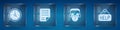 Set Clock, File document, Headphones with question and Signboard text Help. Square glass panels. Vector