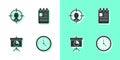 Set Clock, Head hunting concept, Chalkboard with diagram and Spiral notebook icon. Vector
