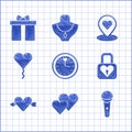 Set Clock, Heart, Microphone, Lock and heart, Amour with arrow, Balloon in form of, Location and Gift box icon. Vector