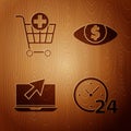 Set Clock 24 hours, Add to Shopping cart, Laptop and cursor and Eye with dollar on wooden background. Vector Royalty Free Stock Photo