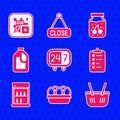 Set Clock 24 hours, Chicken egg in box, Shopping basket, list, Commercial refrigerator, Bottle for cleaning agent, Jam