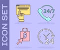 Set Clock 24 hours, Online shopping on screen, Shoping bag and dollar and Telephone 24 hours support icon. Vector Royalty Free Stock Photo