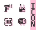 Set Clock 24 hours, Scanner scanning bar code, and Whiskey bottle icon. Vector Royalty Free Stock Photo