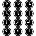 Clocks showing different time hours symbols icons signs logos simple black and white colored set 2 Royalty Free Stock Photo