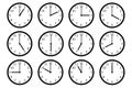 Set of 12 clock icons, showing different times.