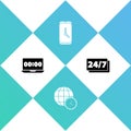 Set Clock on laptop, World time, Alarm clock app mobile and 24 hours icon. Vector