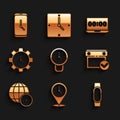 Set Clock, Location with clock, Smartwatch, Calendar check mark, World time, Time Management, laptop and Alarm app Royalty Free Stock Photo