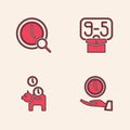 Set Clock, Magnifying glass with clock, From 9 and Piggy bank coin icon. Vector