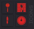 Set Clock, Magnifying glass with search, Suspect criminal and Pen icon. Vector