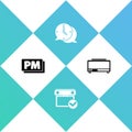 Set Clock PM, Calendar with check mark, speech bubble and Digital alarm clock icon. Vector Royalty Free Stock Photo