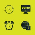 Set Clock, World time, Alarm clock and on monitor icon. Vector