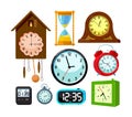 Set of Clocks Icons Isolated on White Background. Cuckoo Clock, Sand Hourglass and Electronics Watch with Digital Dial