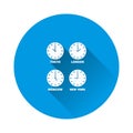 Set of clocks showing the time difference in different time zones. Timezone clock and international time on blue background. Flat