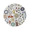 Set of clocks and watches in different style. Retro and modern collection for your design. Circle Frame