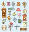 Set of clocks and watches, Hand drawn vector illustration. Royalty Free Stock Photo