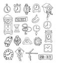 Set of clocks and watches, Hand drawn vector illustration. Royalty Free Stock Photo