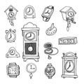 Set of clocks and watches, Hand drawn vector illustration. Royalty Free Stock Photo