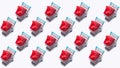 Set of cloned shopping carts with gifts in red boxes. Texture for advertising and design.