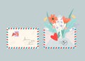 Set of close and open love letter with flowers, flat vector illustration