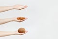 Set of close up female hands hold exotic coco nut, almond, Jasmine Thai Raw rice isolated on white background. Proper Royalty Free Stock Photo