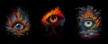 Set of close-up surreal eyes with fire. Generative AI