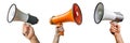 Set of close-up of a white and orange megaphone held in hand, isolated on a white or transparent background. The