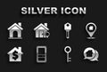 Set Closed door, Location with house, Real estate message, House key, dollar symbol, and icon. Vector