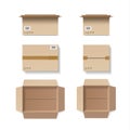 Set of closed and open cardboard boxes with tape, icons and stickers. 3D Vector mockup Royalty Free Stock Photo