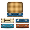 Set of closed and open old retro vintage suitcases