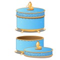 Set of closed and opened round ornate gift boxes with lids blue color isolated on white background. Vector illustration. Royalty Free Stock Photo