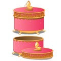 Set of closed and opened round ornate gift boxes with lids pink color isolated on white background. Vector illustration. Royalty Free Stock Photo