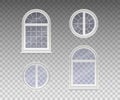 Set of closed round and arched windows with transparent glass in a white frame. Isolated on a transparent background. Vector Royalty Free Stock Photo