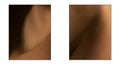 Set with closeup images of part of woman's body. Detailed texture of human female skin. Skincare, bodycare
