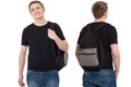 Set of Closeup smiling happy Student in blank template black t shirt with backpack front and back view. Travel man and education Royalty Free Stock Photo