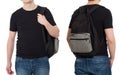 Set of Closeup smiling happy Student in blank template black t shirt with backpack front and back view. Travel man and education Royalty Free Stock Photo
