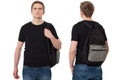 Set of Closeup Student in blank template black t shirt with backpack front and back view. Travel man and education concept. Copy