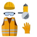 Set of clothes Builder and worker. Orange vest, helmet, glasses, gloves