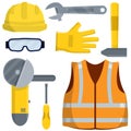 Set of clothes Builder and worker. Safety and tools. Cartoon flat illustration