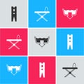 Set Clothes pin, Iron and ironing board and Washing modes icon. Vector