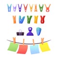 Set of Clothespins, Clips and Pegs. Paper Sheets Hanging on Rope. Plastic or Wooden Lineclamps, Binder for Documents Royalty Free Stock Photo