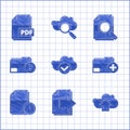 Set Cloud with check mark, Next page arrow, upload, Add new folder, Document clock, Unknown document, search and PDF Royalty Free Stock Photo
