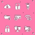 Set Cloud computing lock, Broken or cracked, Scooter, Folder and, Credit card with and Wifi locked icon. Vector