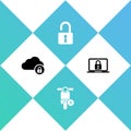 Set Cloud computing lock, Electric scooter, Open padlock and Laptop and icon. Vector