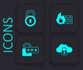 Set Cloud computing lock, Lock, Firewall, security wall and Cyber icon. Black square button. Vector